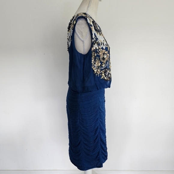 Aidan Mattox Blue Silk Sequin Ruched Dress - Picture 7 of 9